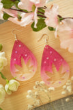 'Love 2 B Lit' - Pink & White Ombre Glitter Weed Leaf Cutout Earrings w/Hearts (Large)