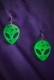 'Intergalactic High' Glowing Green Alien Earrings with Metallic Green Weed Leaves