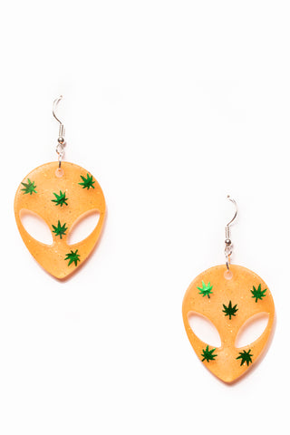 'Intergalactic High' Glowing Orange Alien Earrings with Metallic Green Weed Leaves
