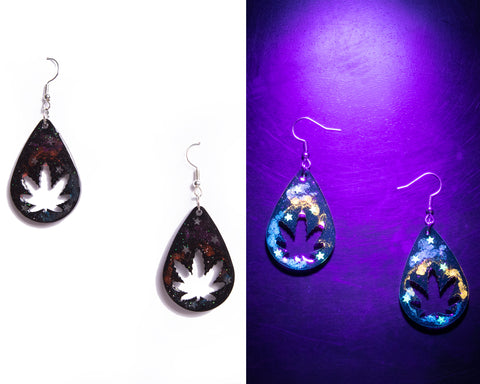 'Spaced Out' Glowing Nebula Earrings with Weed Leaf Cutout & Stars - Small