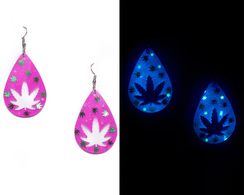 'Mary Jane' Glowing Hot Pink Weed Leaf Cutout Earrings - Medium